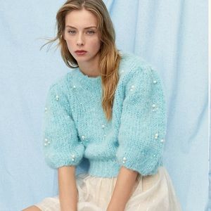 Le Fou Wilfred - Aritzia - light blue ‘Lindy’ mohair cropped sweater w/ pearls